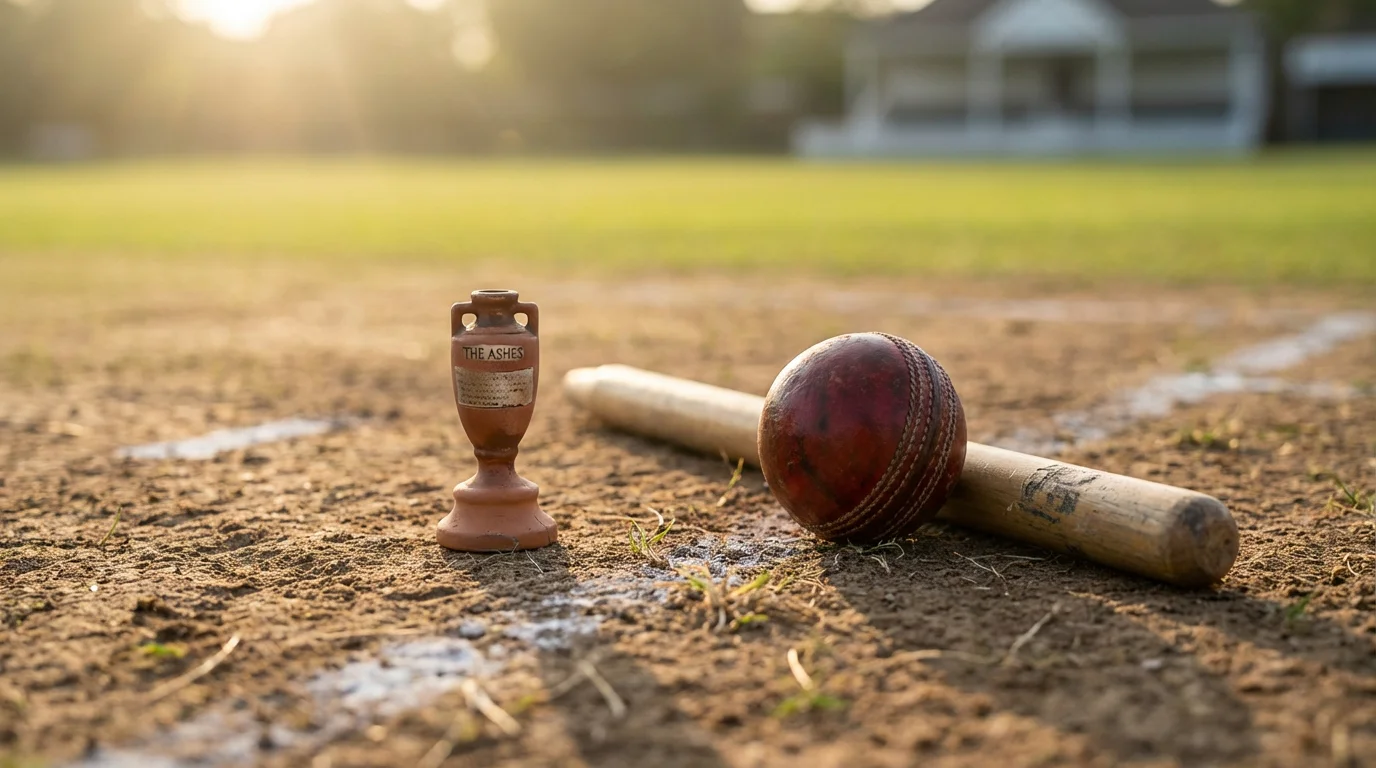 Small replica Ashes urn sitting on a cricket pitch with a red ball and stumps in soft morning light