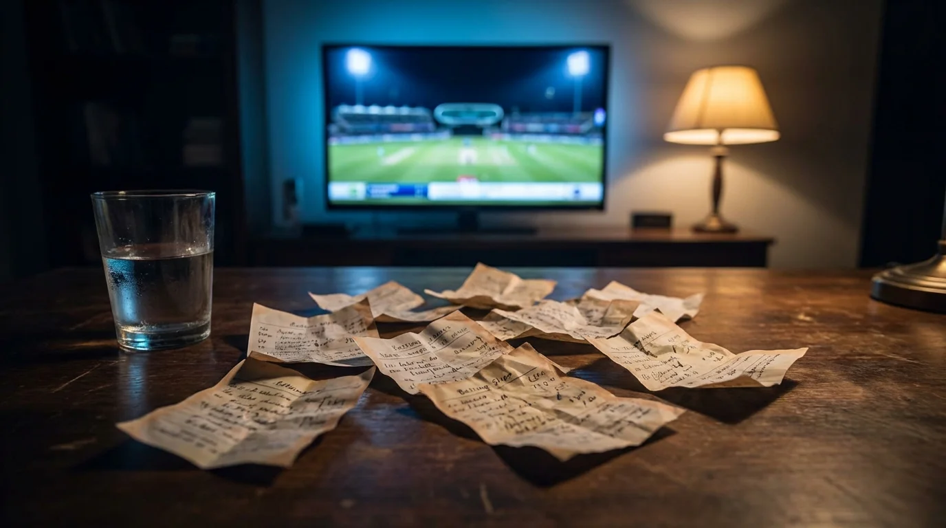 Crumpled betting slips on a wooden table beside a television showing a live cricket match in the background