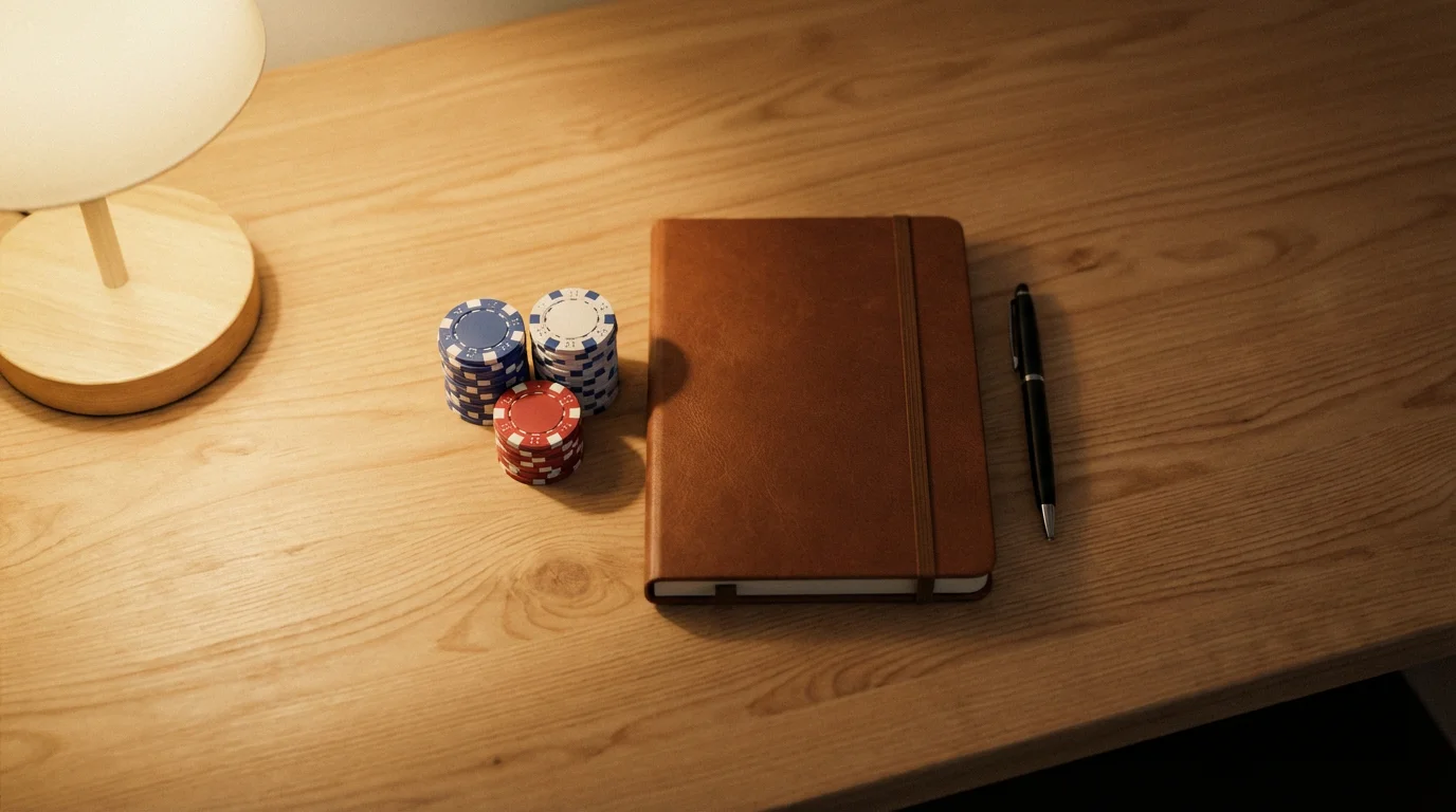 Neat stack of poker chips beside a notebook and pen on a wooden desk with soft warm lighting