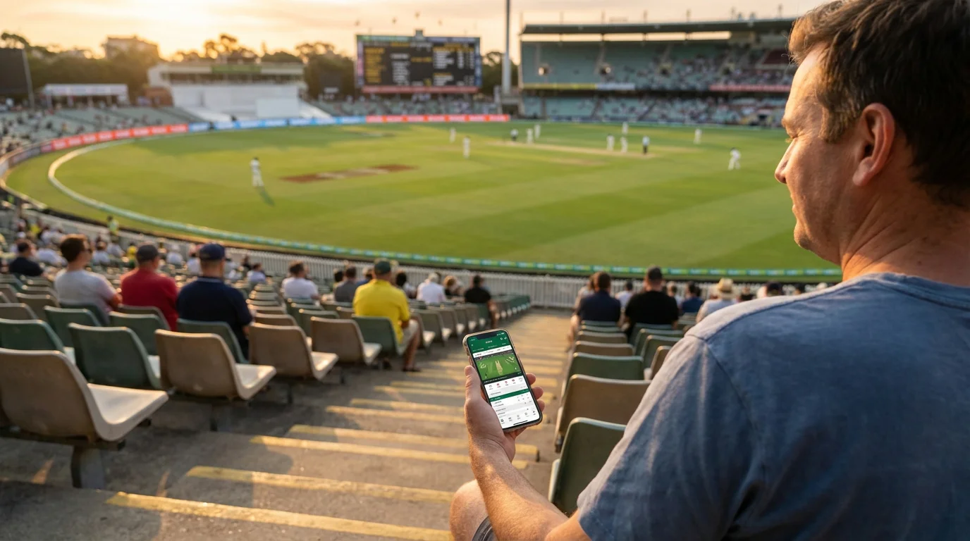 Person watching a cricket match from the stands while holding a smartphone showing a sports app on a sunny day