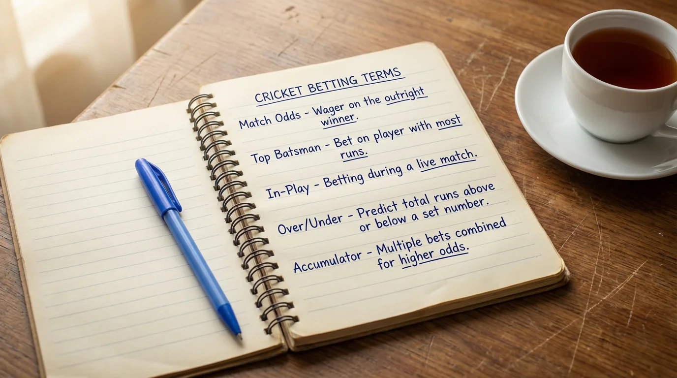 Open notebook with handwritten cricket betting terms and definitions beside a cup of tea on a wooden desk