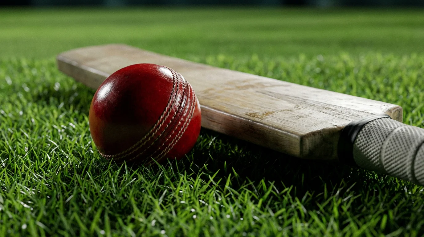 Close-up of a cricket bat and ball resting on green pitch grass under stadium lights