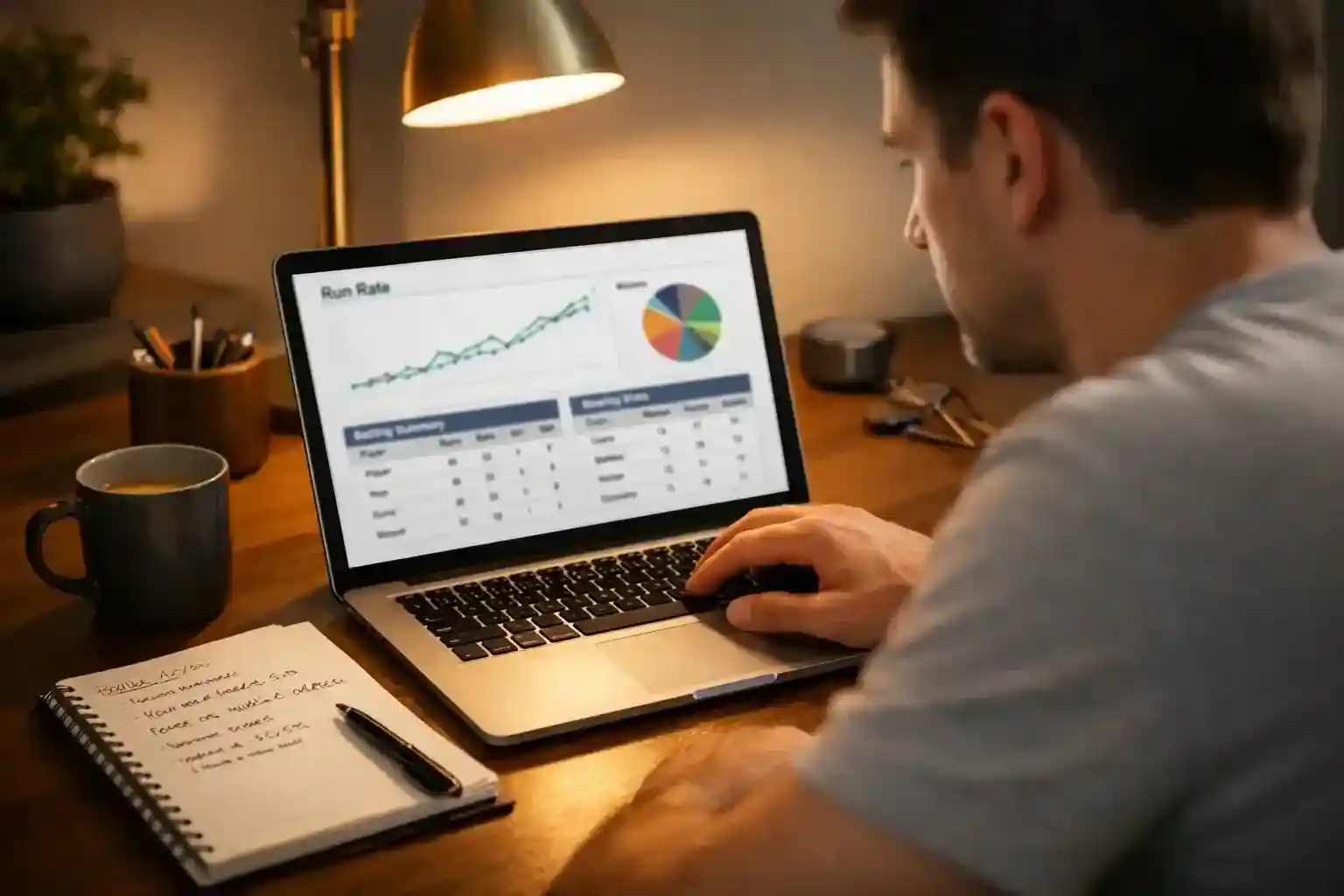 Person analyzing cricket statistics and match data on a laptop screen
