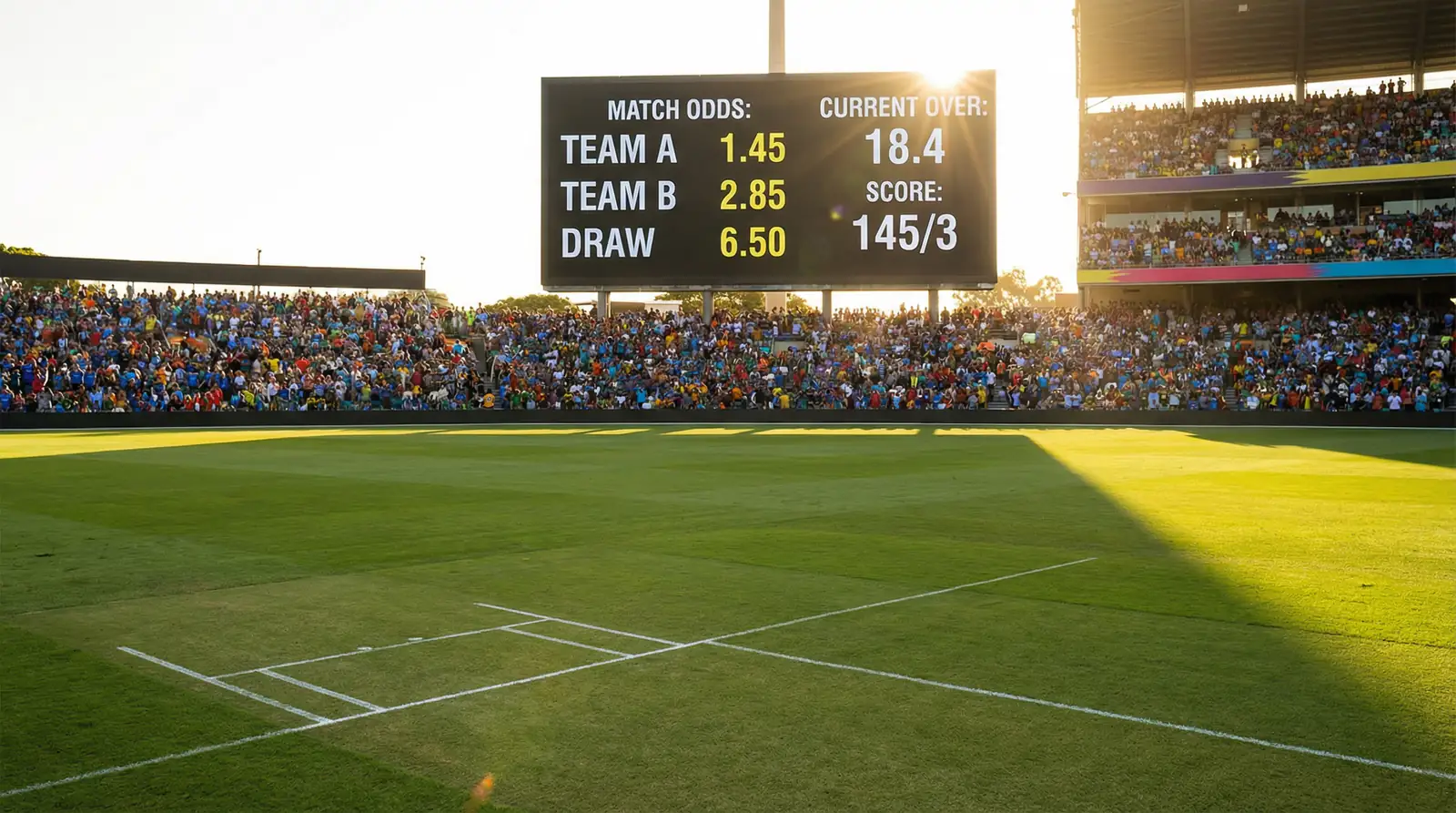 Cricket scoreboard displaying match odds at a stadium during a day game