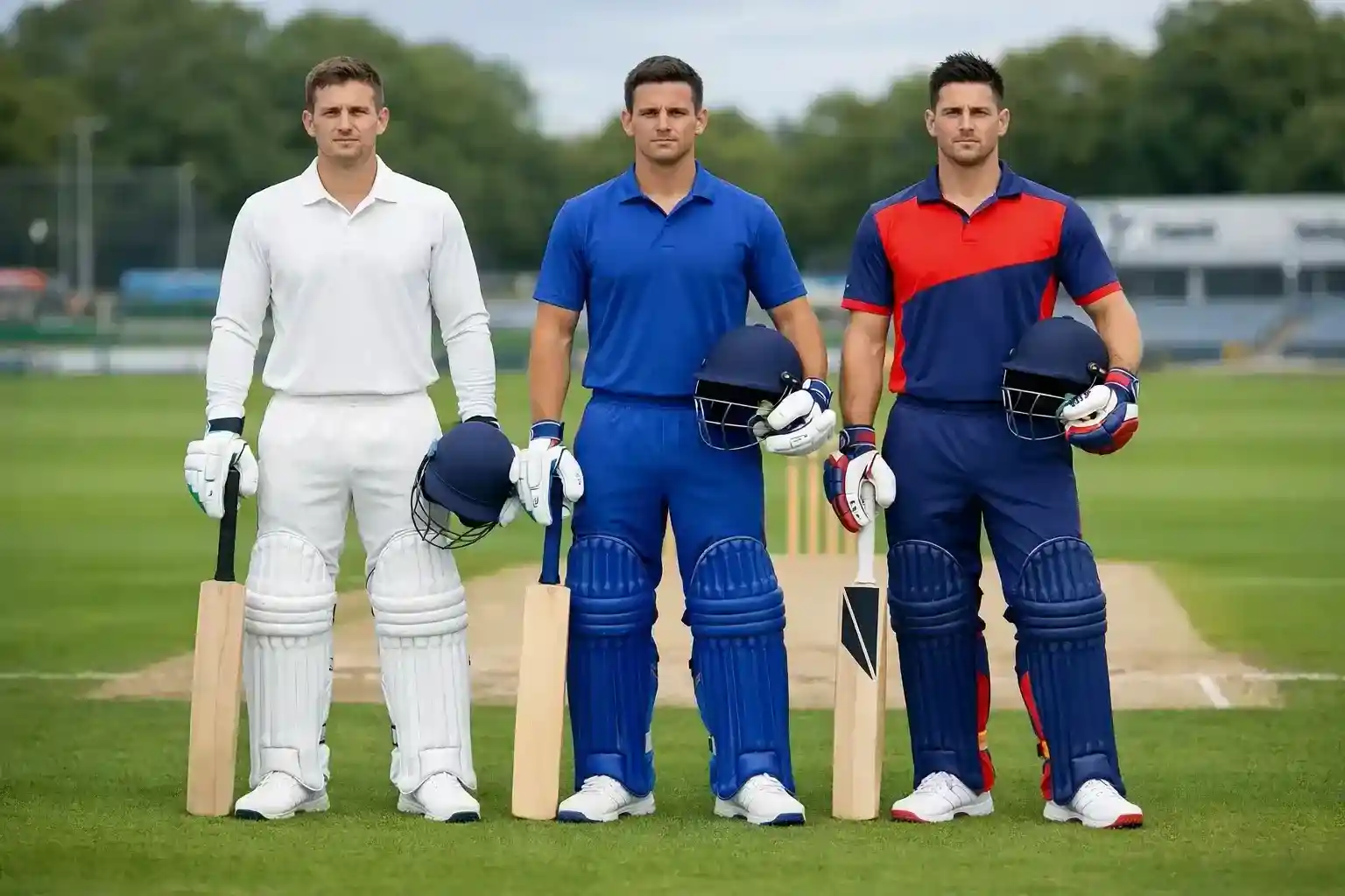 Three cricket players representing Test, ODI and T20 formats in different colored jerseys