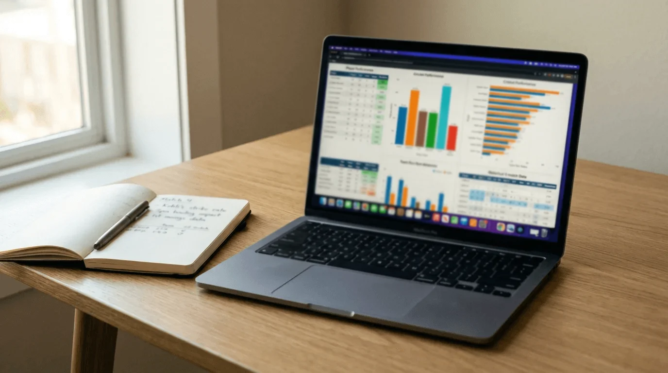 Laptop screen showing cricket data charts and graphs on a desk with a notepad of handwritten match notes beside it