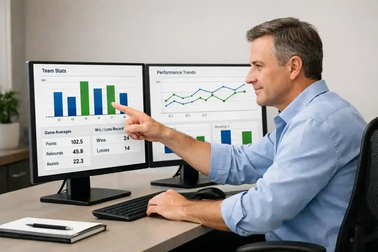 Sports analyst reviewing cricket odds and probability charts on multiple monitors