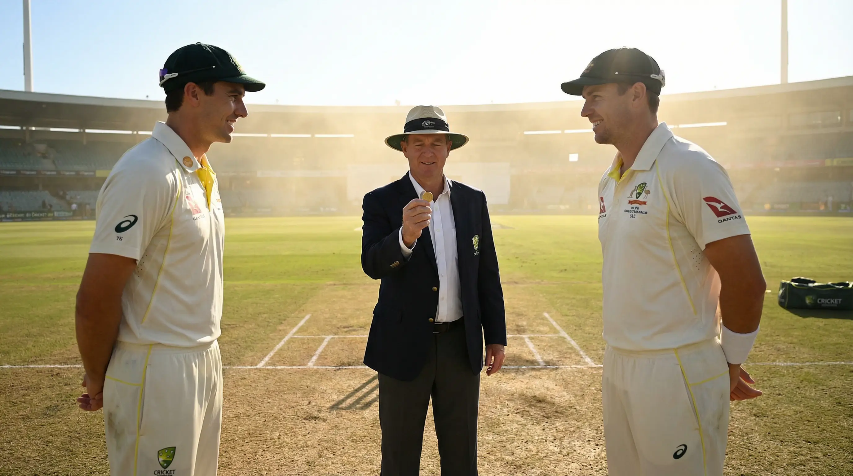 Two cricket captains standing at the centre pitch for the coin toss with the umpire on a bright sunny match day