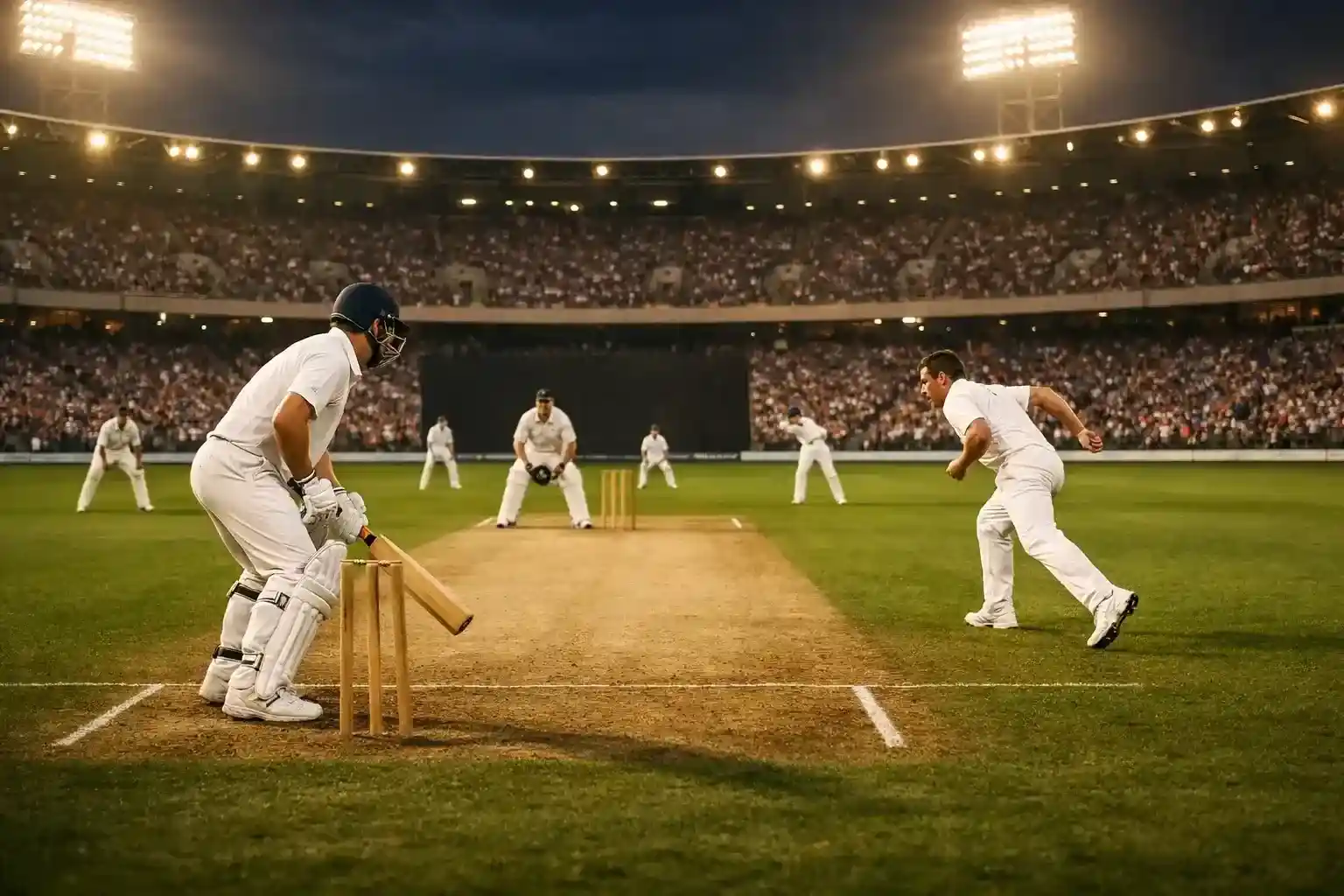 Cricket stadium during an international match with packed stands under floodlights