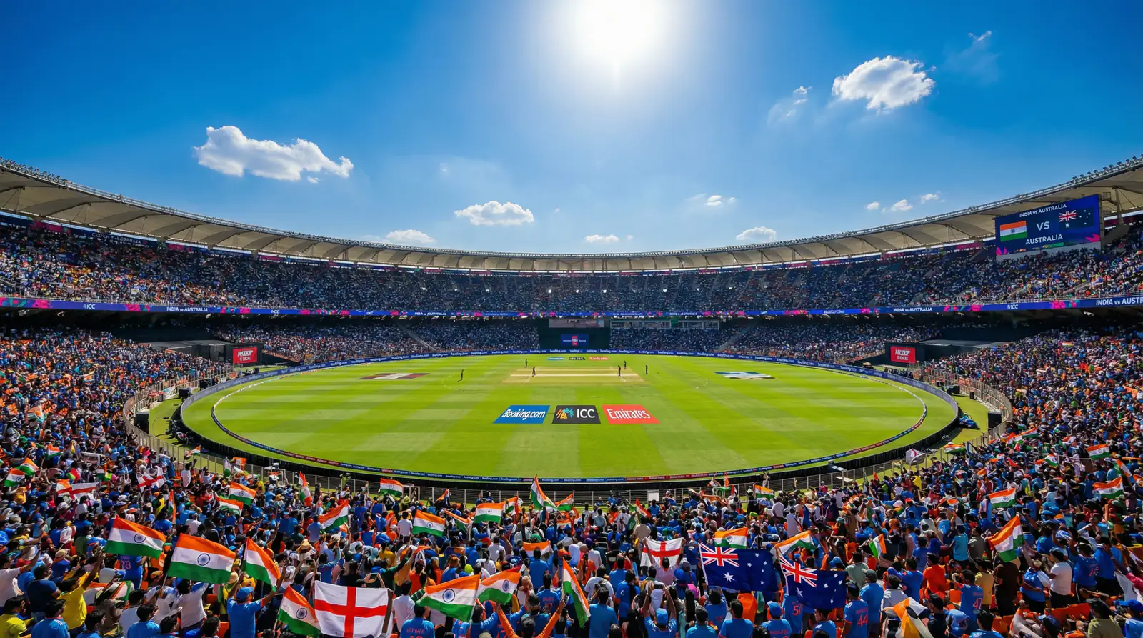 Sunlit cricket stadium packed with fans waving flags during an ICC World Cup match with the pitch in the centre