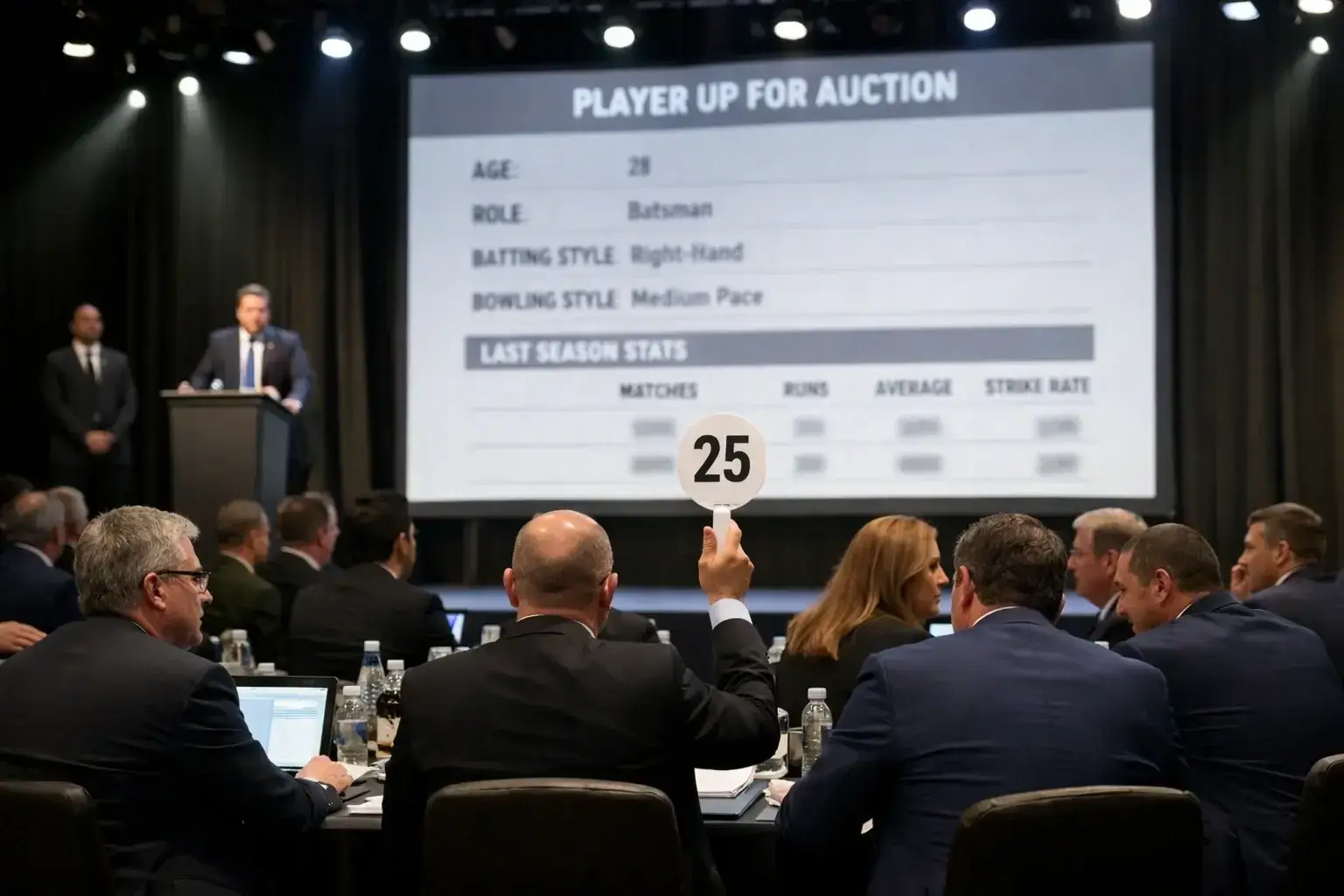 Cricket player auction event with team representatives bidding