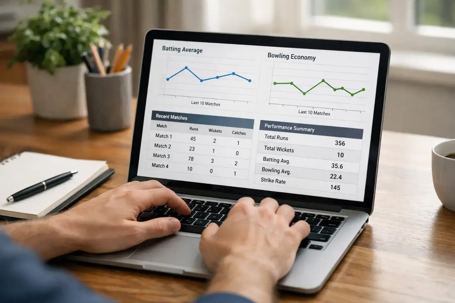 Person analyzing cricket match statistics on laptop screen