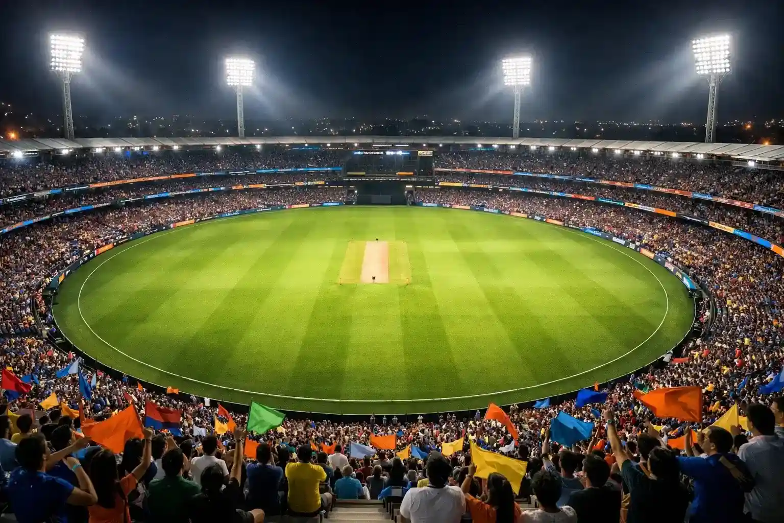 Cricket stadium during IPL night match with floodlights illuminating the field