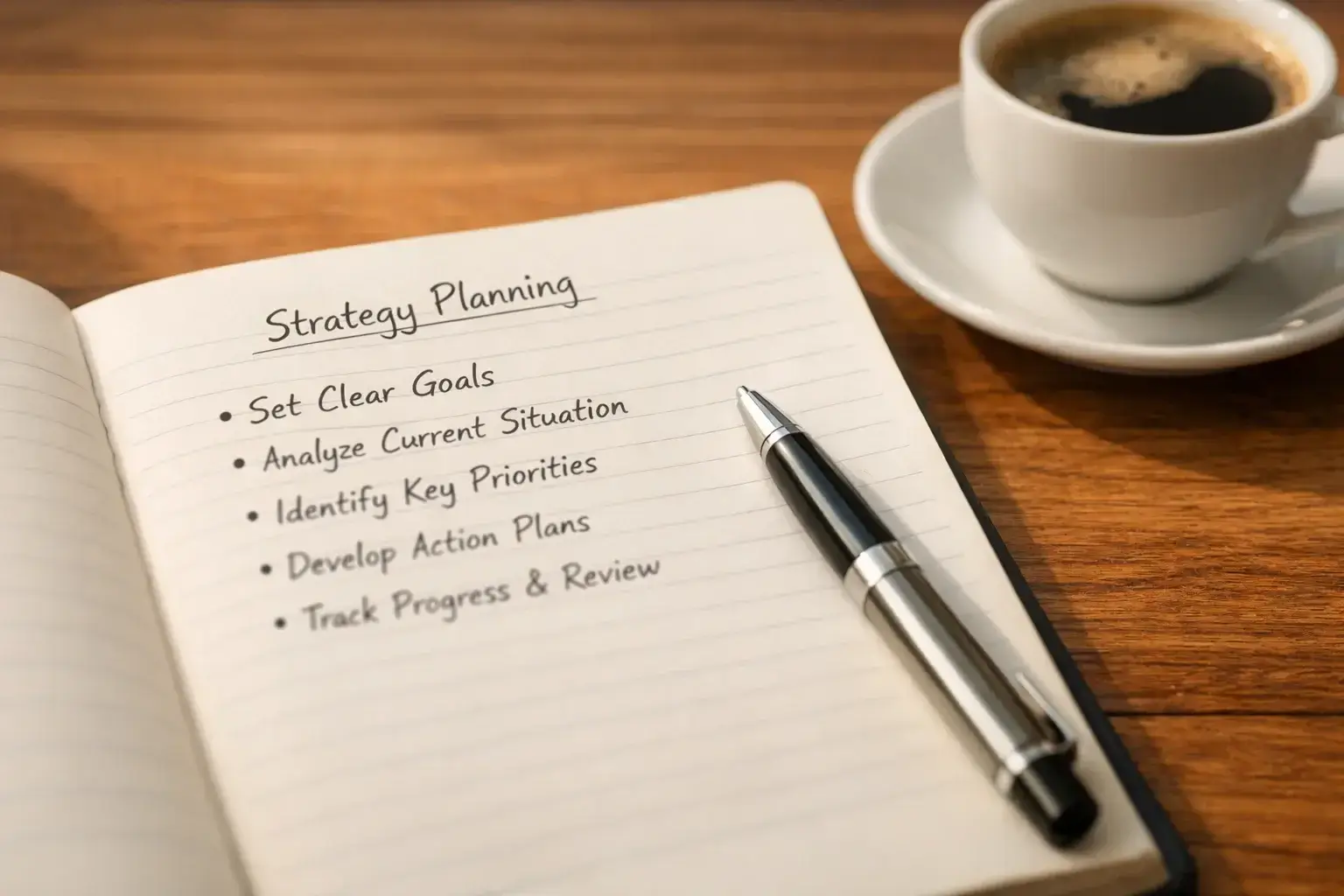 Notebook with betting strategy notes and pen on wooden desk