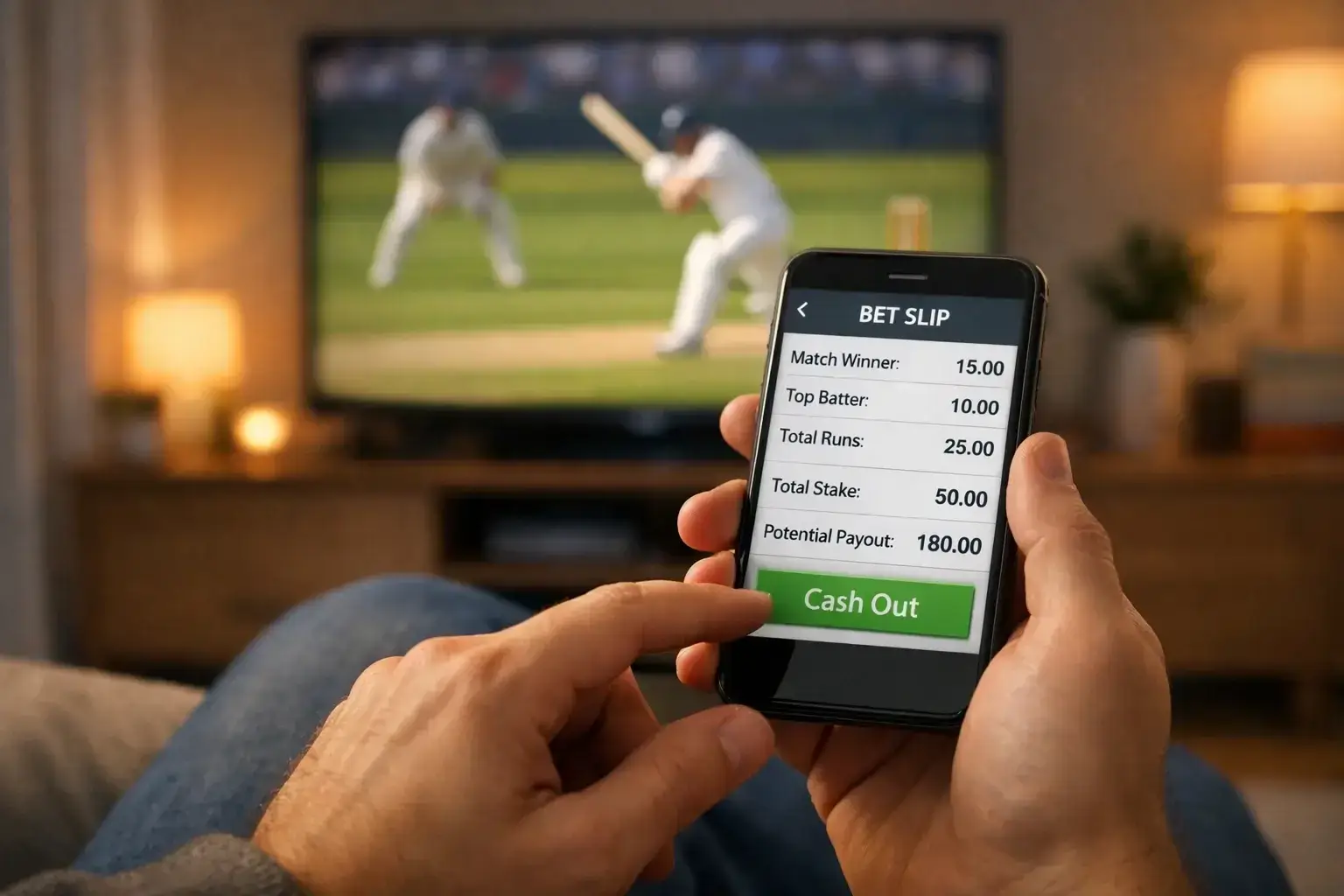 Person checking betting app on smartphone during cricket match