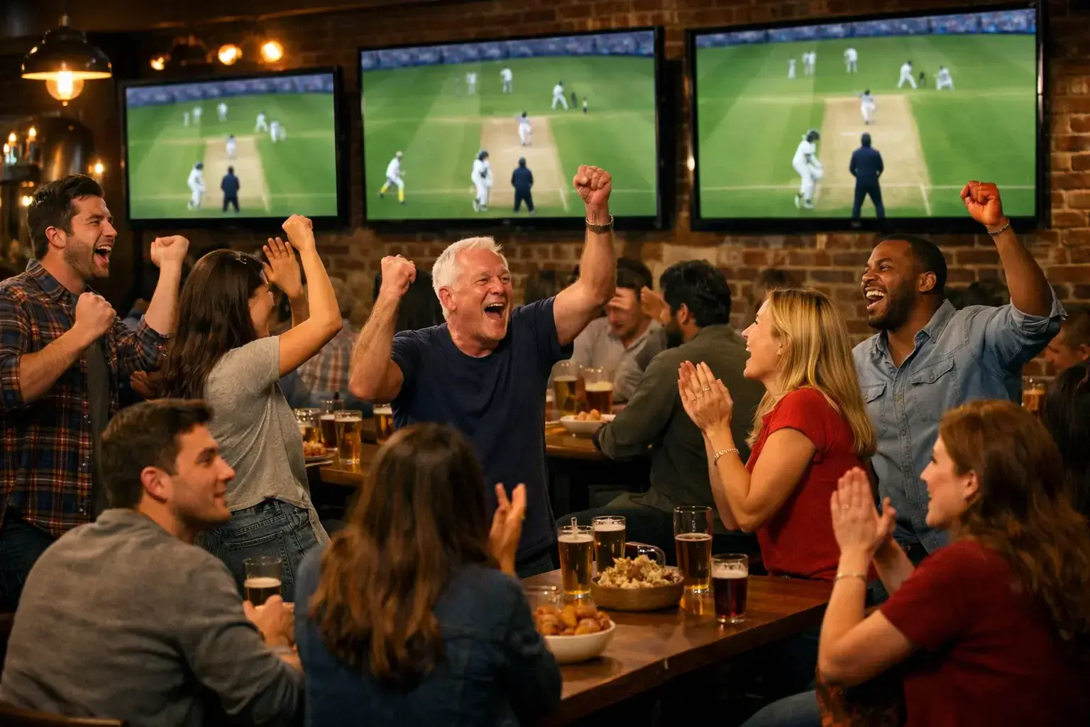 Cricket fans watching live match on multiple screens in sports bar