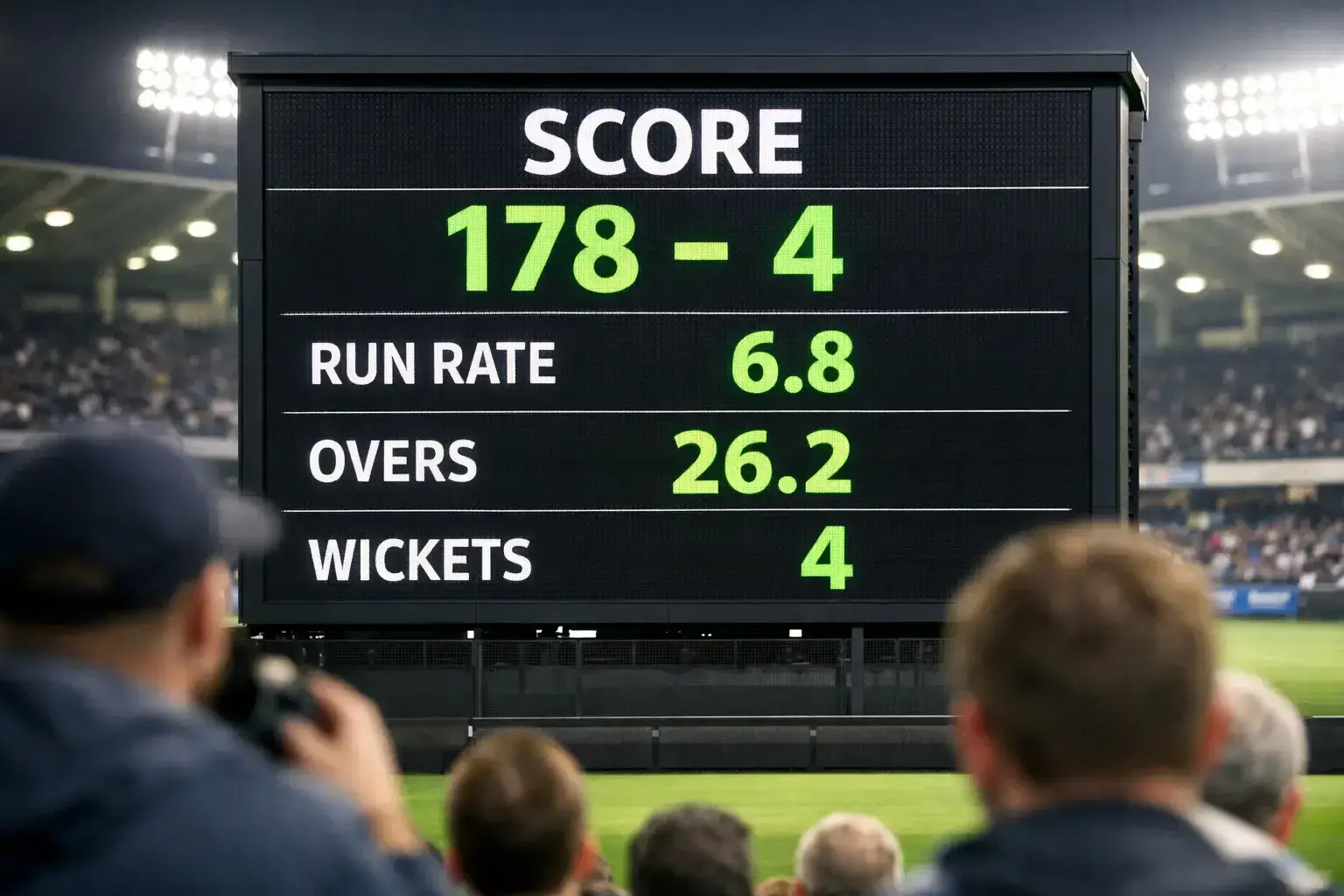 Cricket scoreboard showing live match statistics and run rate