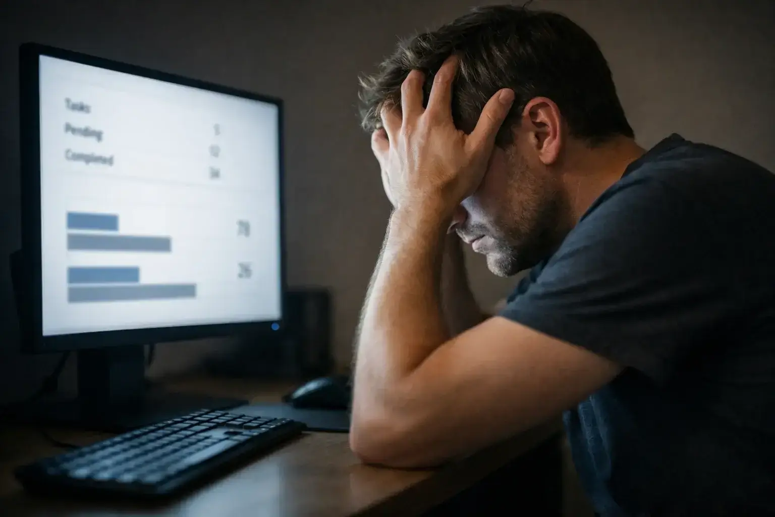 Stressed person at computer showing emotional response to betting