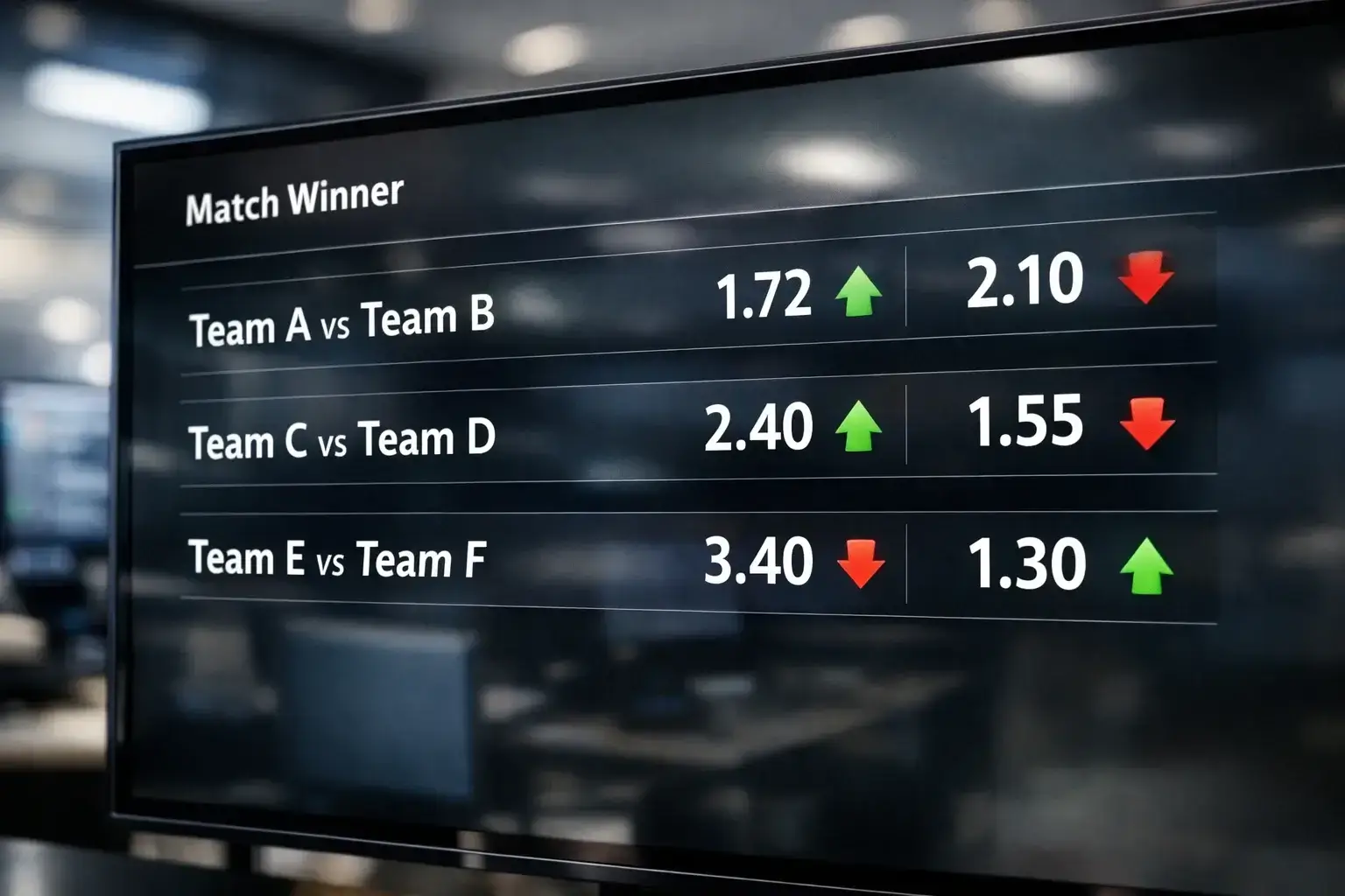 Digital display showing changing cricket betting odds in real time