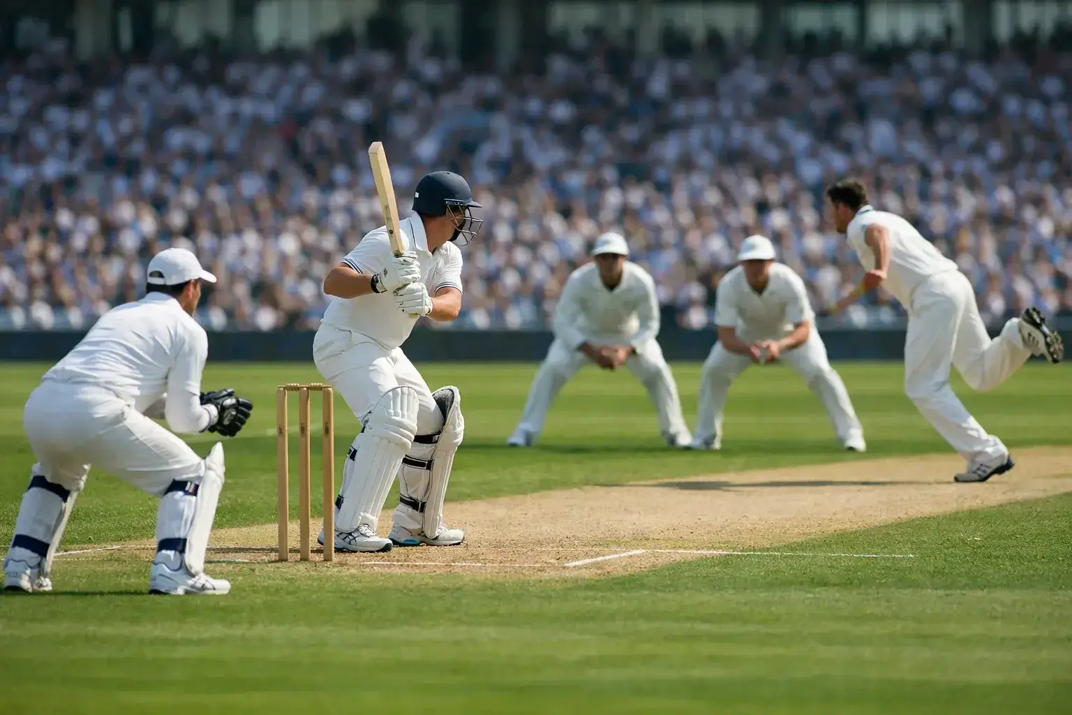 Test cricket match in progress with fielders positioned on the ground