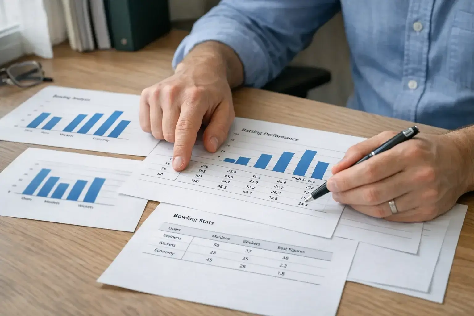 Person studying cricket statistics charts and data on paper