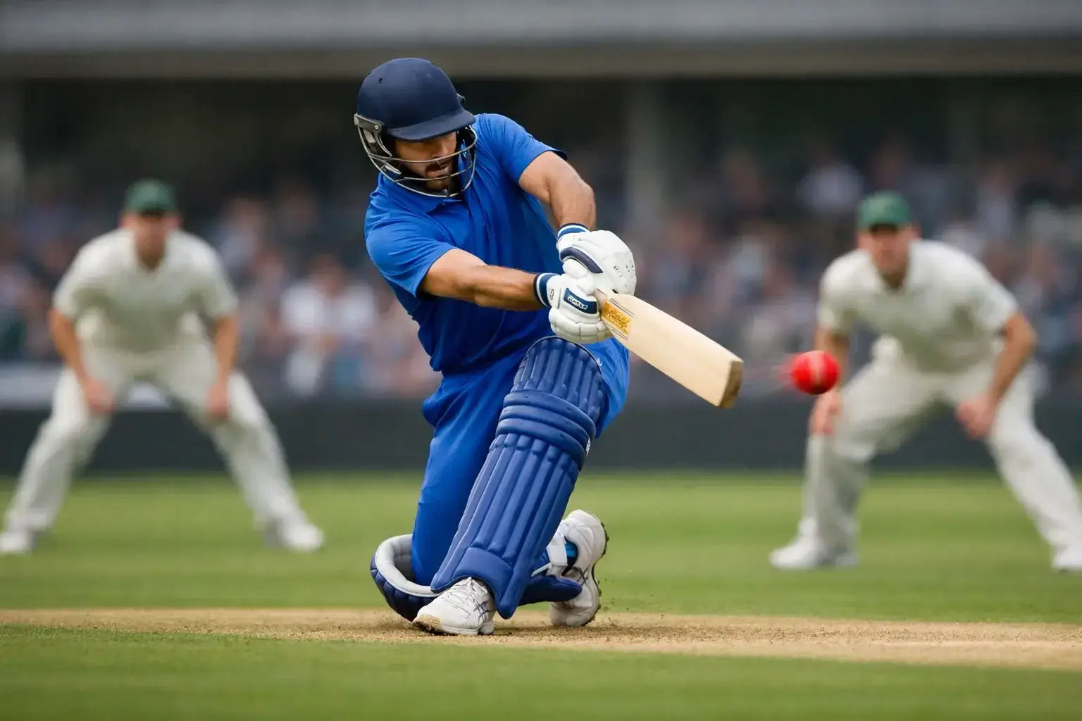 Cricket batsman playing attacking shot through covers