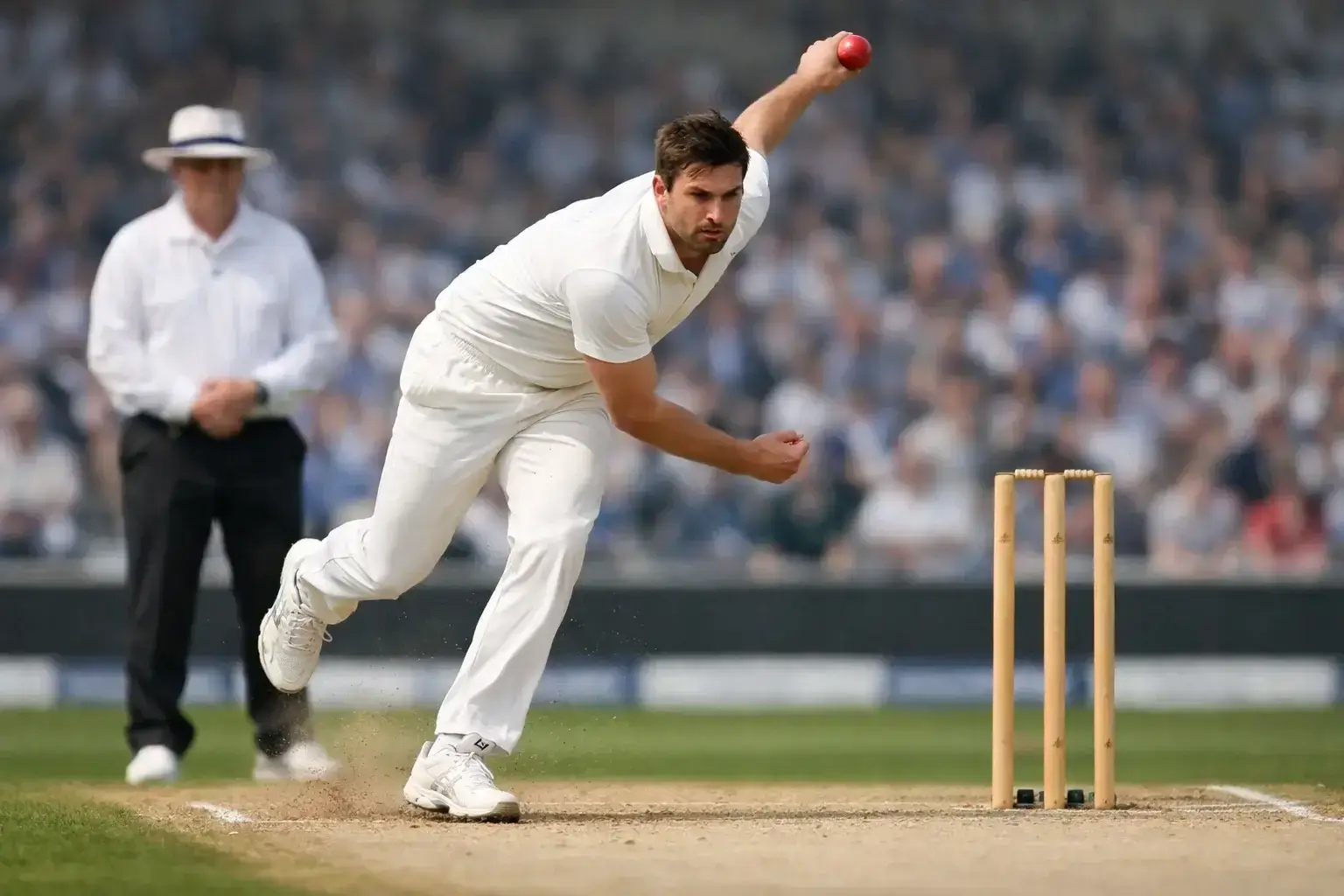 Fast bowler in delivery stride approaching the crease