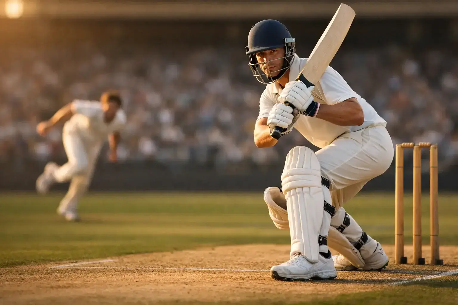Cricket match with batsman at crease preparing to face delivery