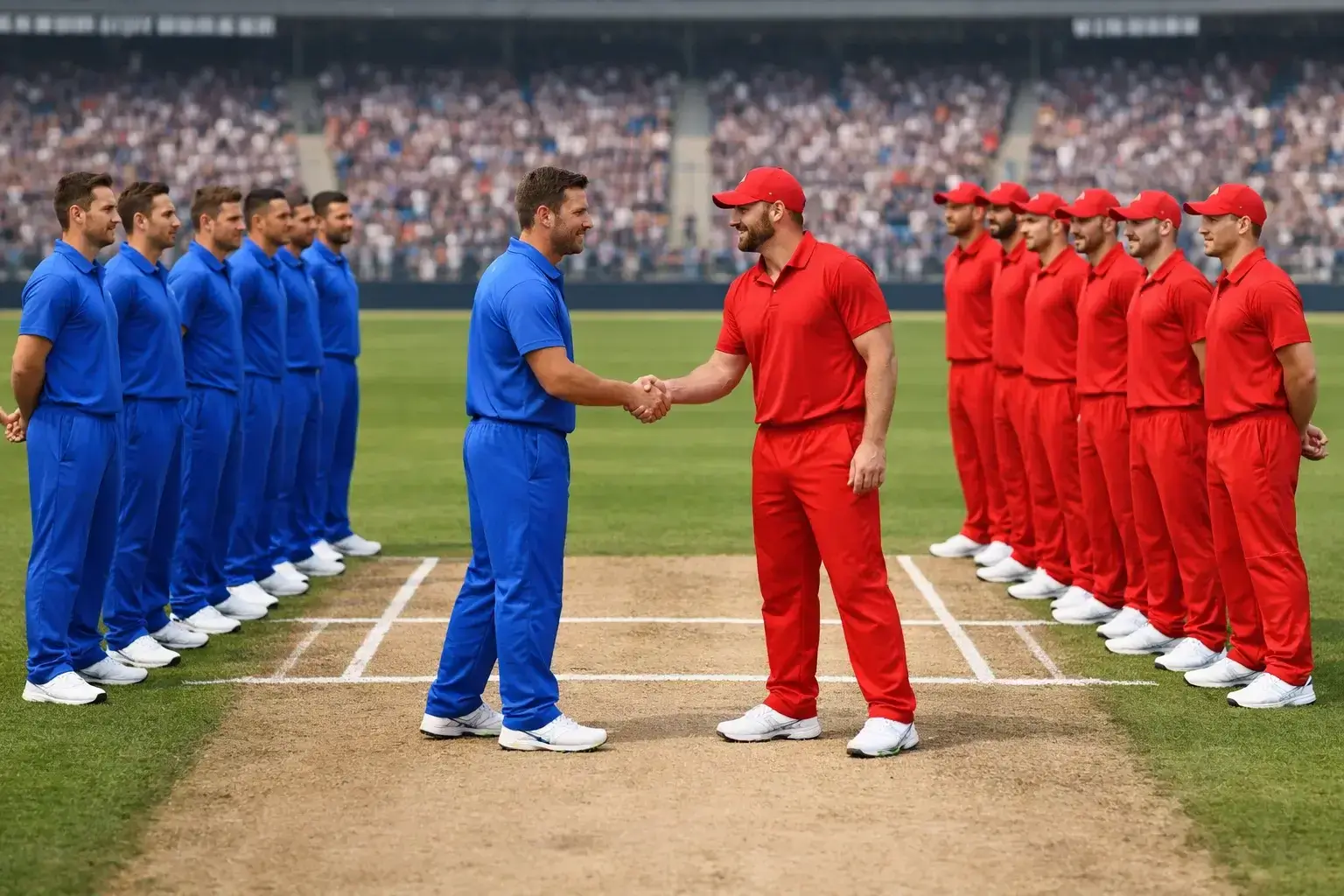 Two cricket teams shaking hands before match on pitch
