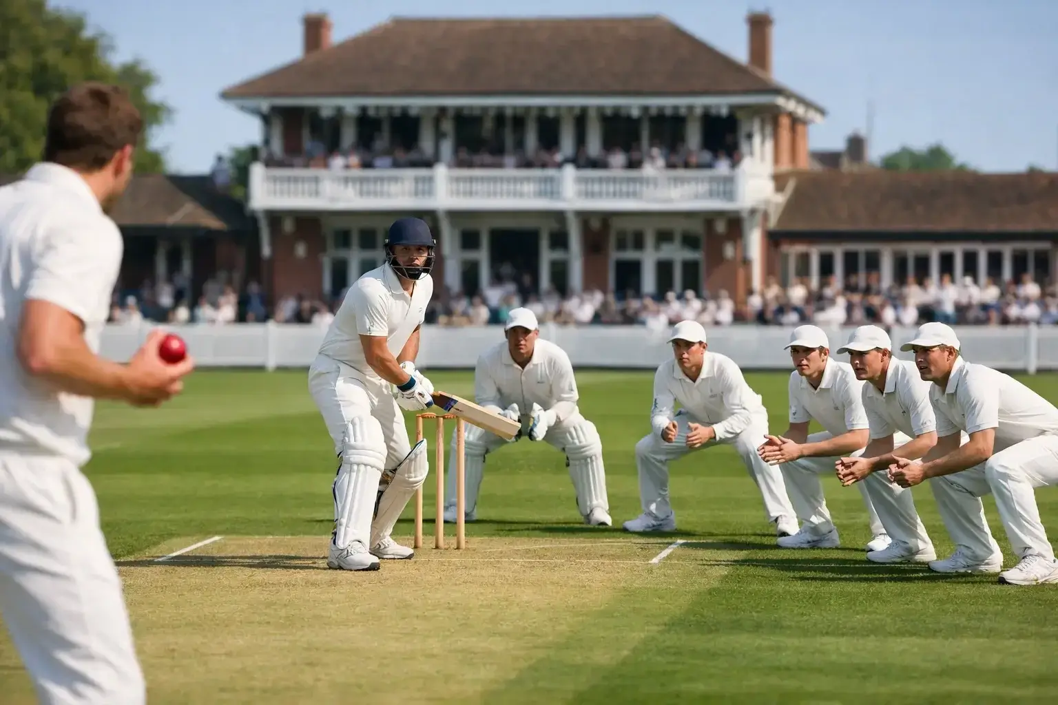 Test cricket match showing traditional white uniforms on green pitch