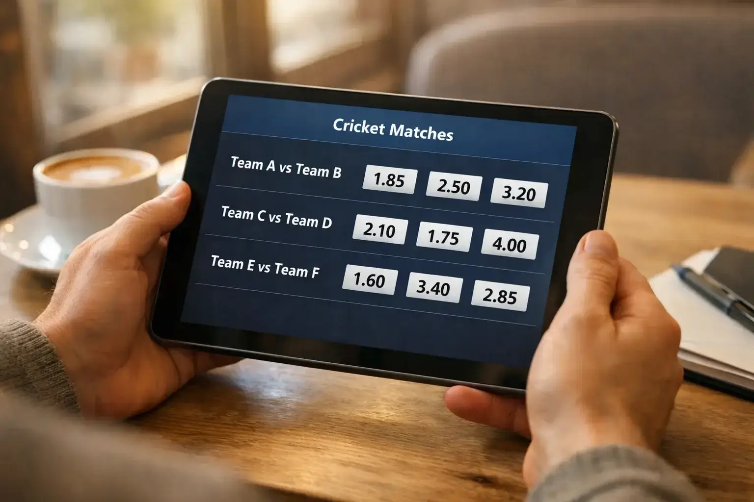 Person using tablet showing decimal odds format for cricket