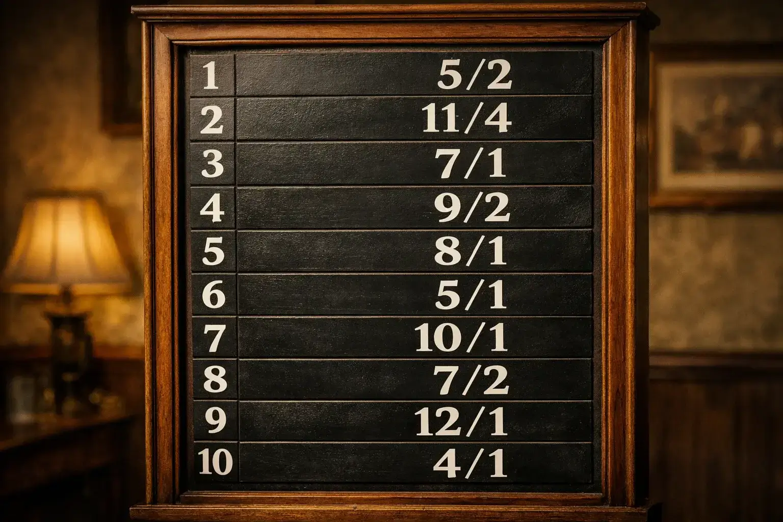Traditional British bookmaker board showing fractional odds