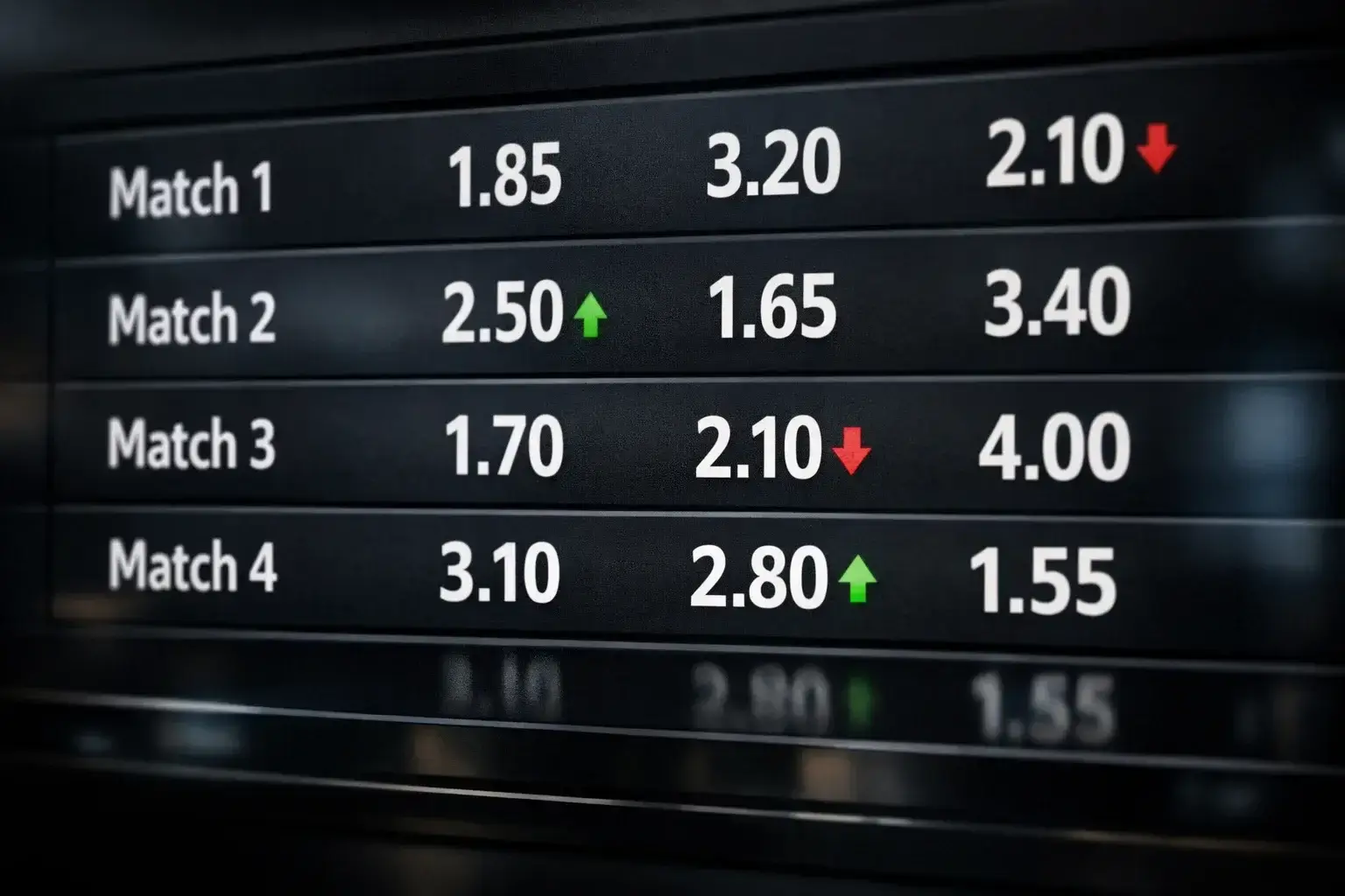 Close-up of betting odds board with cricket match listings