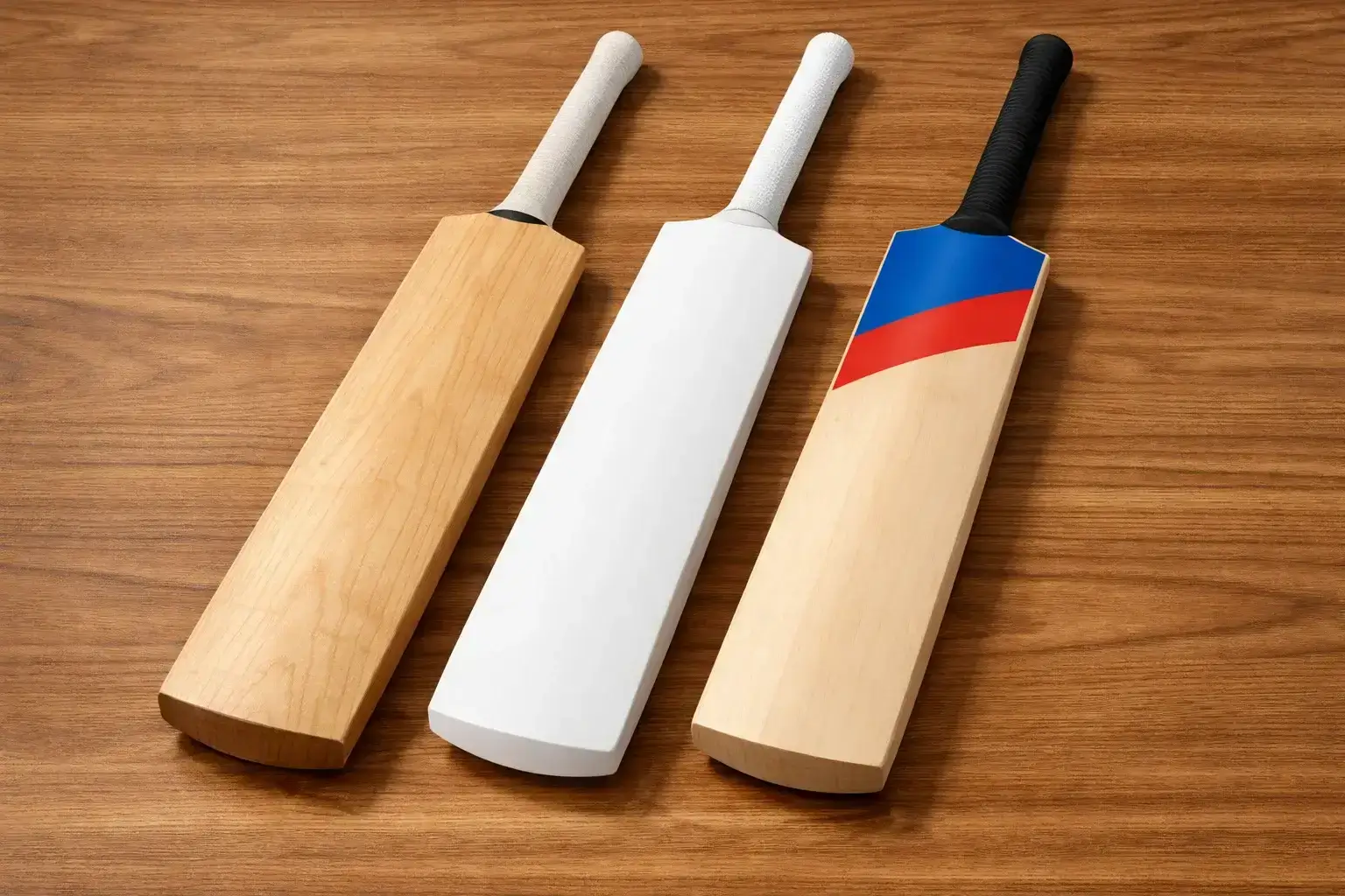 Three cricket bats representing Test ODI and T20 formats