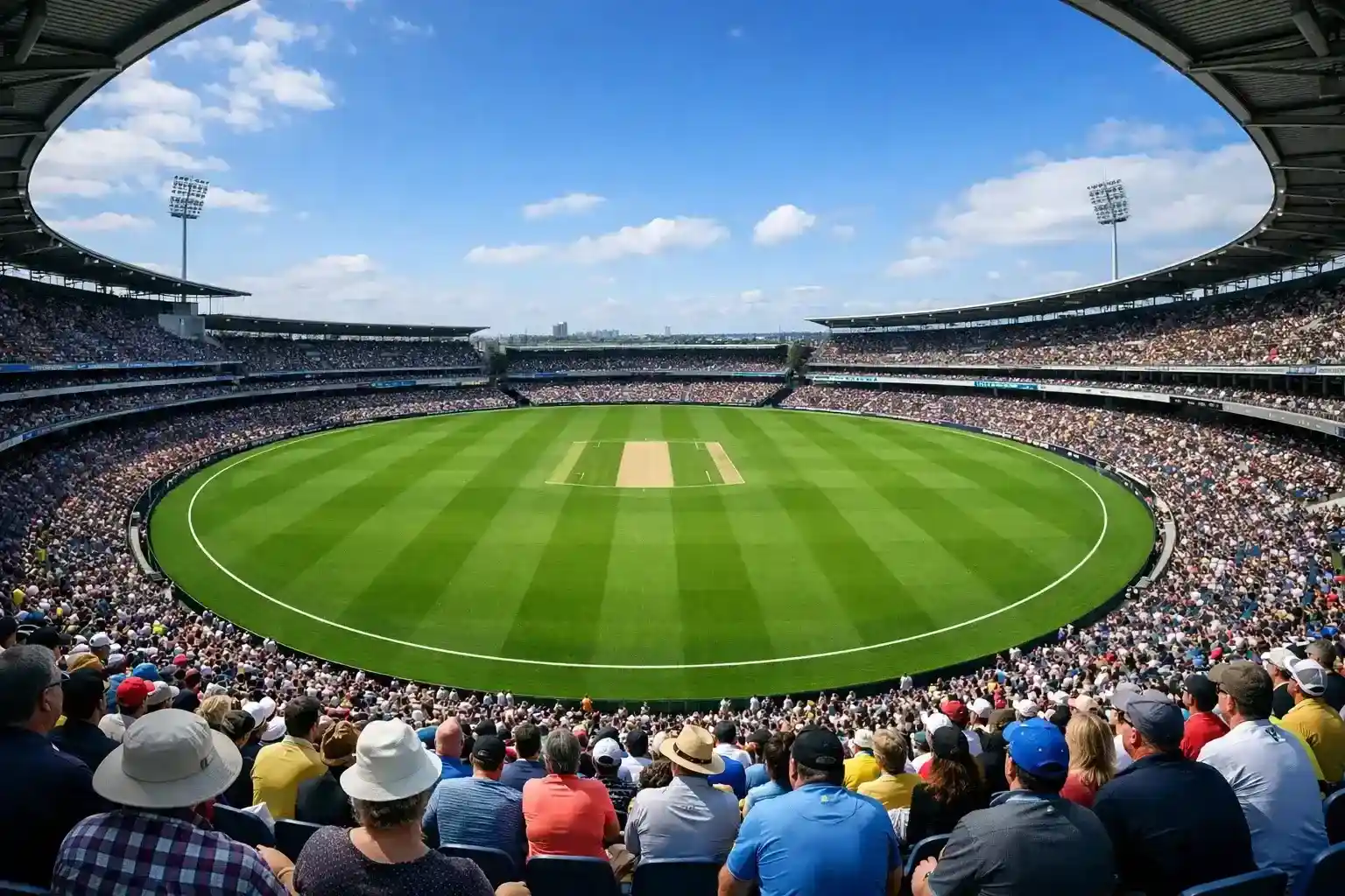 Cricket stadium panorama showing pitch and packed stands