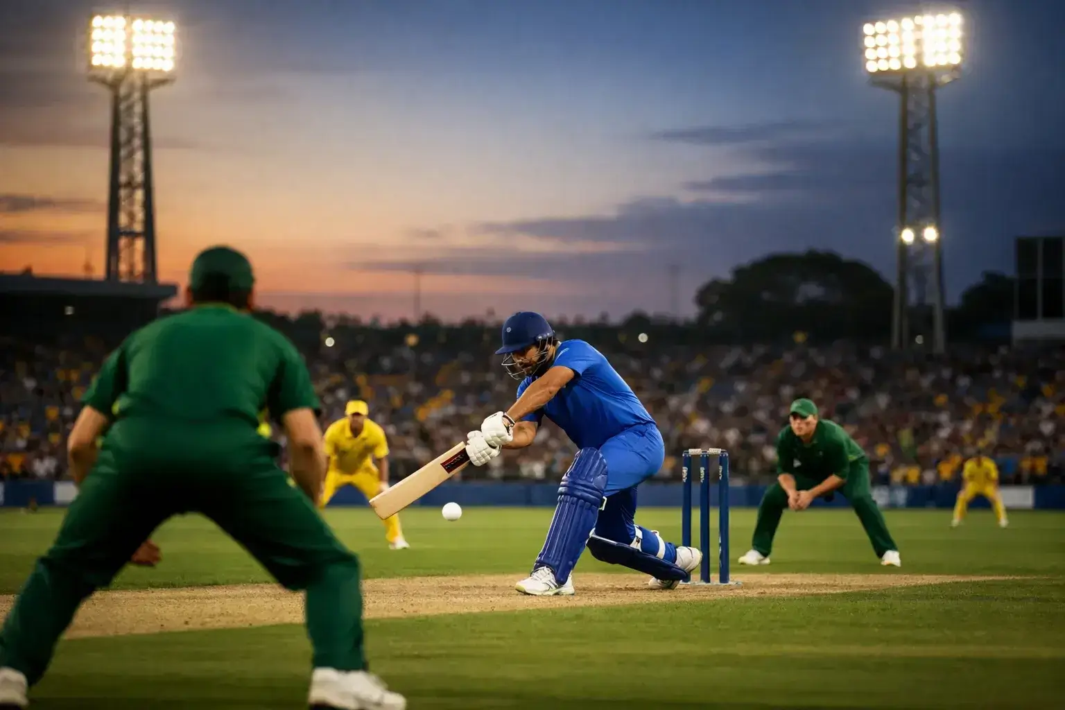 ODI cricket match with coloured uniforms and white ball