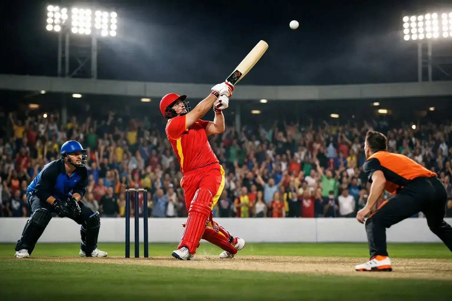 T20 night match with floodlights and colourful team jerseys