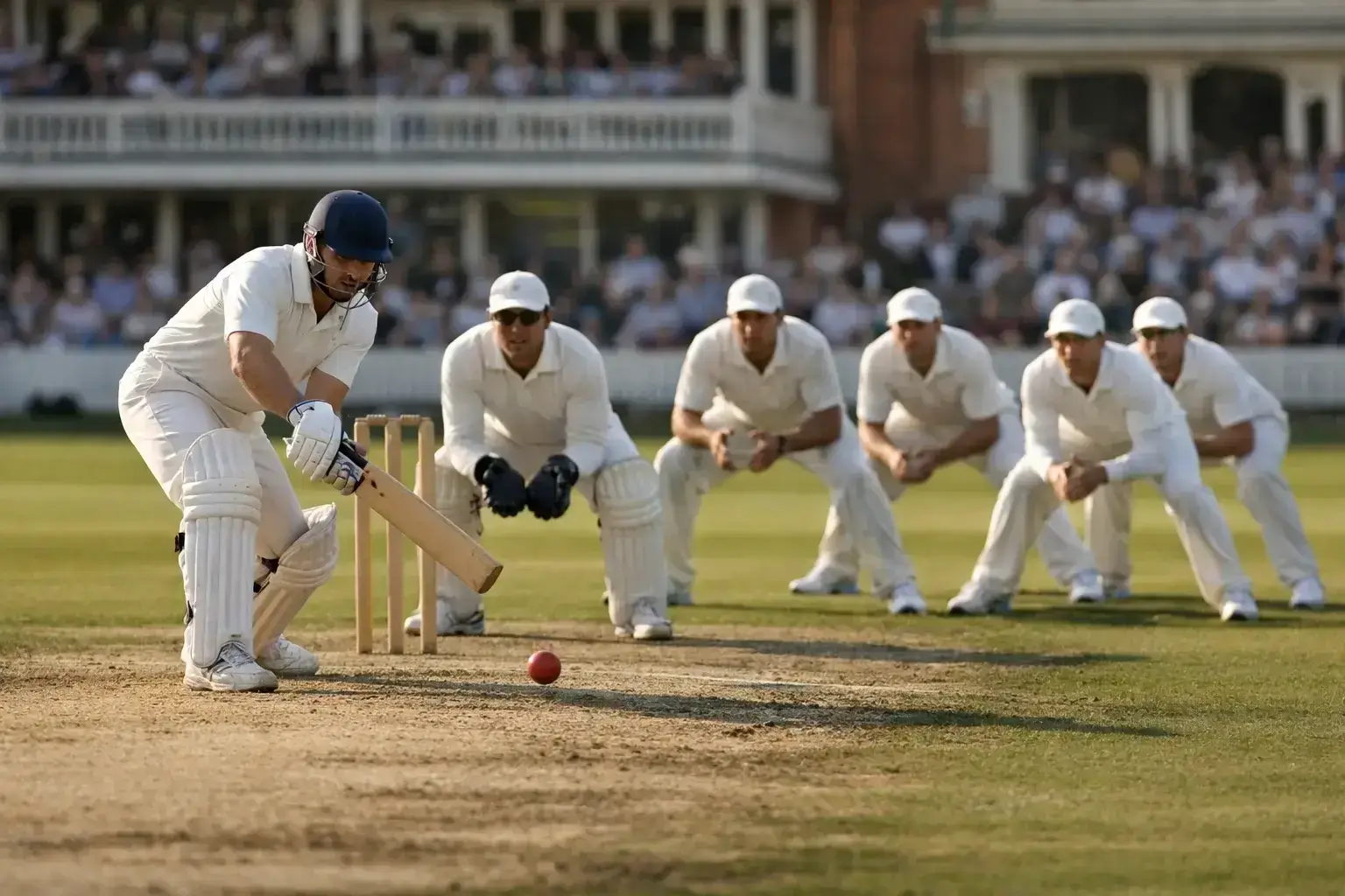 Test cricket players in traditional whites during day match