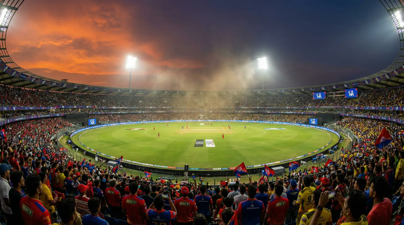 Evening view of a packed Indian cricket stadium with floodlights illuminating the pitch during an IPL match