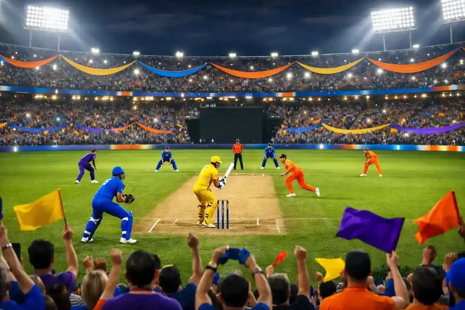 Indian Premier League T20 cricket match with colorful team uniforms and packed stadium