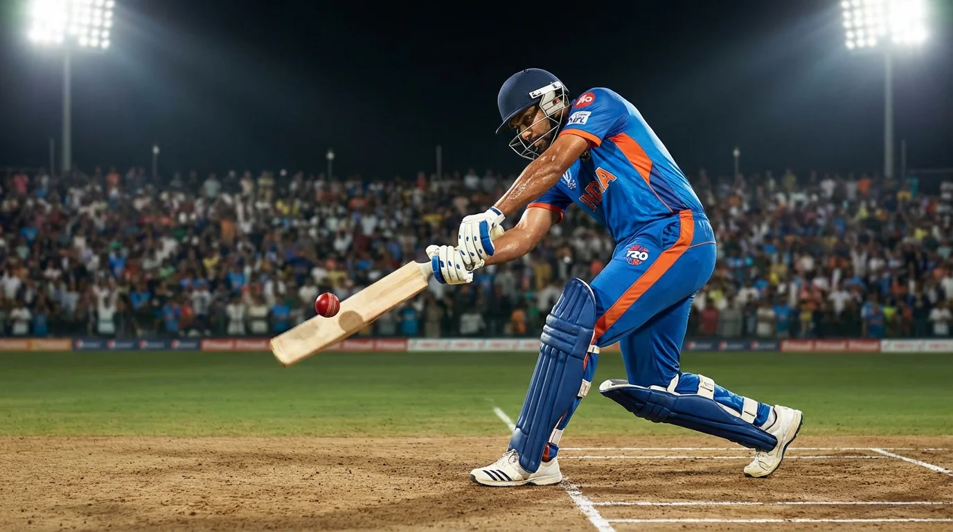 Cricket batsman playing a shot under floodlights during a night T20 match with a packed crowd