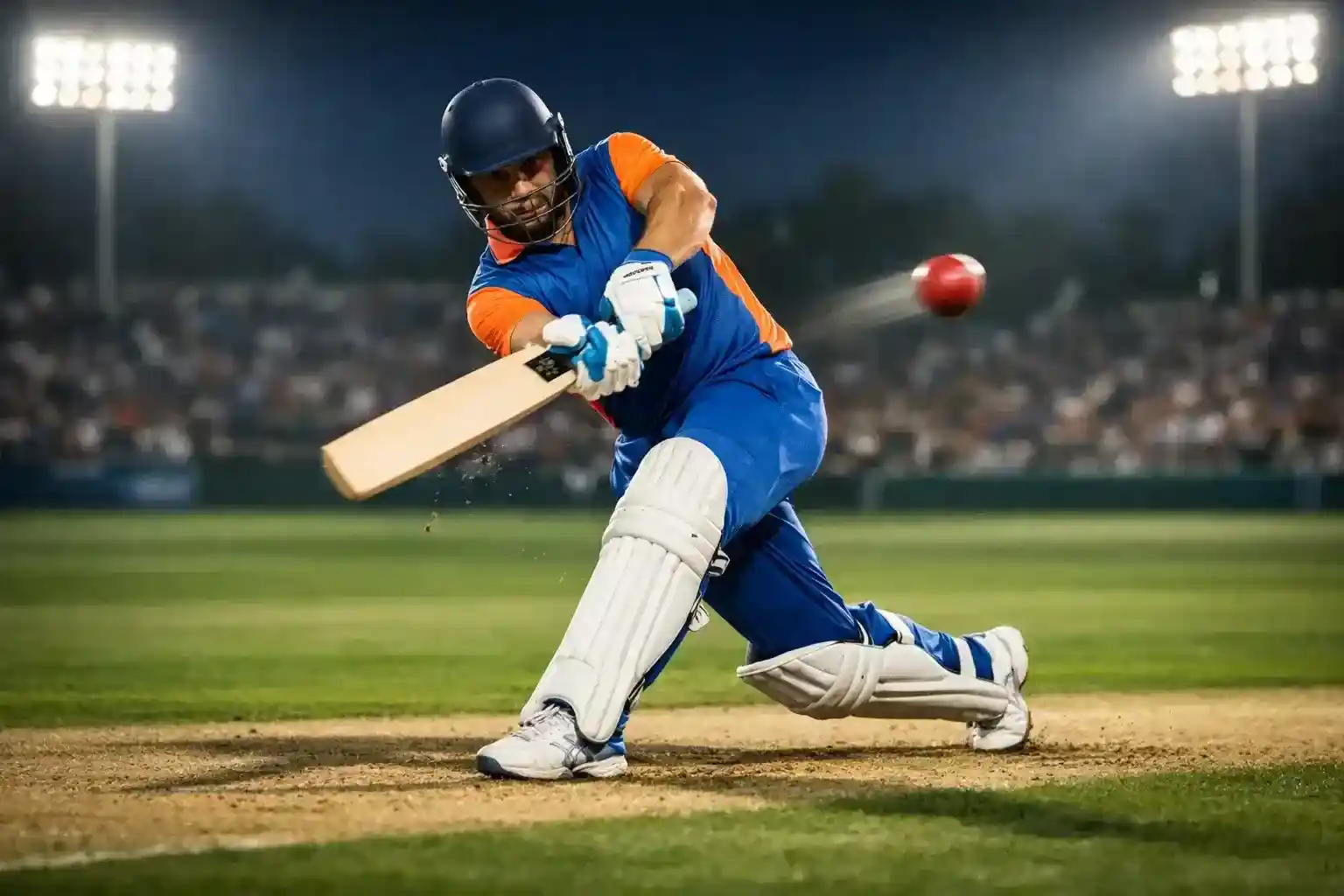 Cricket match in progress with batsman hitting a shot while fans watch from the stands
