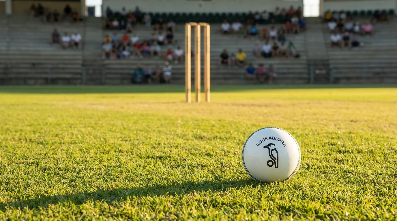 White cricket ball on a green outfield with stumps and a sunlit stadium in the background during a day ODI match