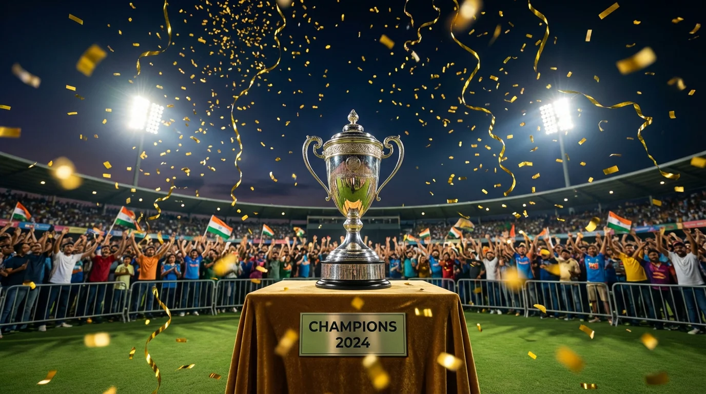 Gleaming silver cricket trophy on a podium with confetti falling in a packed stadium after a tournament final