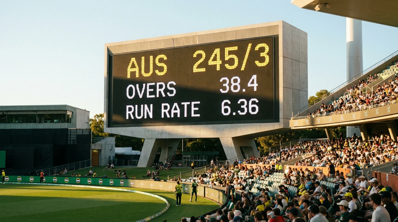Electronic cricket scoreboard showing run totals and overs at a sunlit stadium during a one-day match