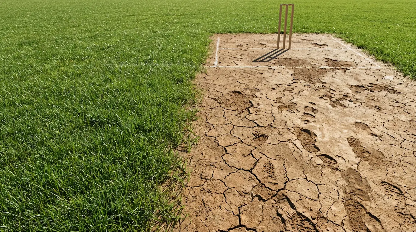 Close-up of a cricket pitch strip showing contrasting green grass and dry brown cracked areas with stumps at one end