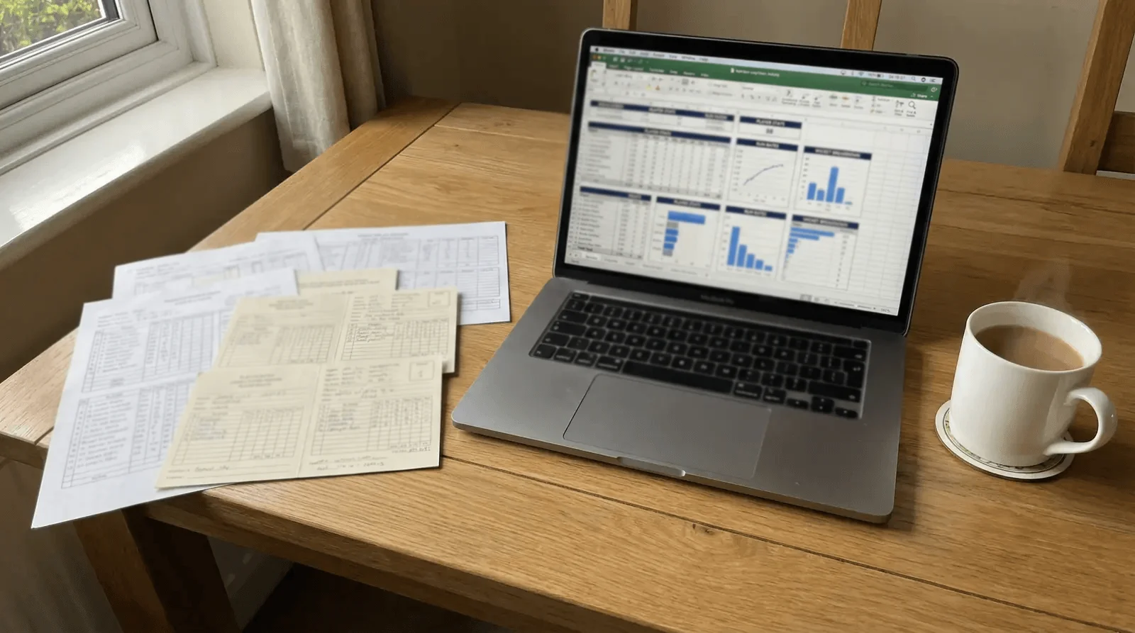 Open laptop displaying cricket match statistics on a desk beside printed scorecards and a cup of tea