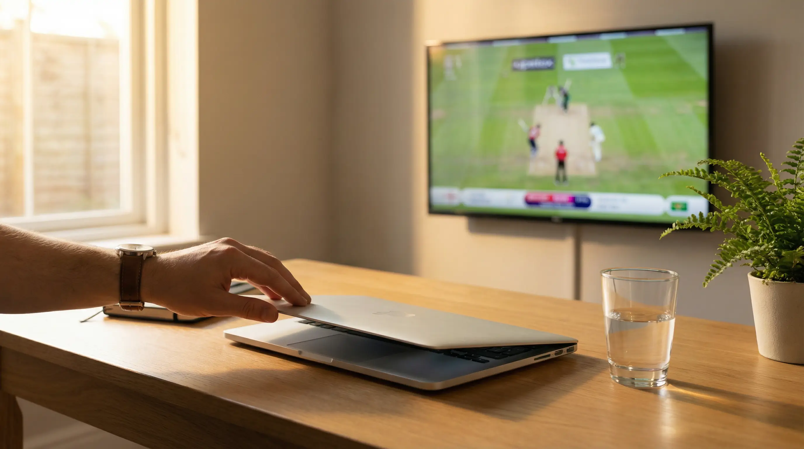 Person calmly closing a laptop and placing it aside on a tidy desk with a cricket match playing on a TV in the background
