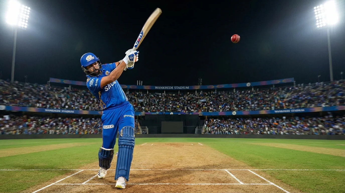 Cricket batsman hitting a big six shot in a floodlit T20 match with the ball flying toward the stands