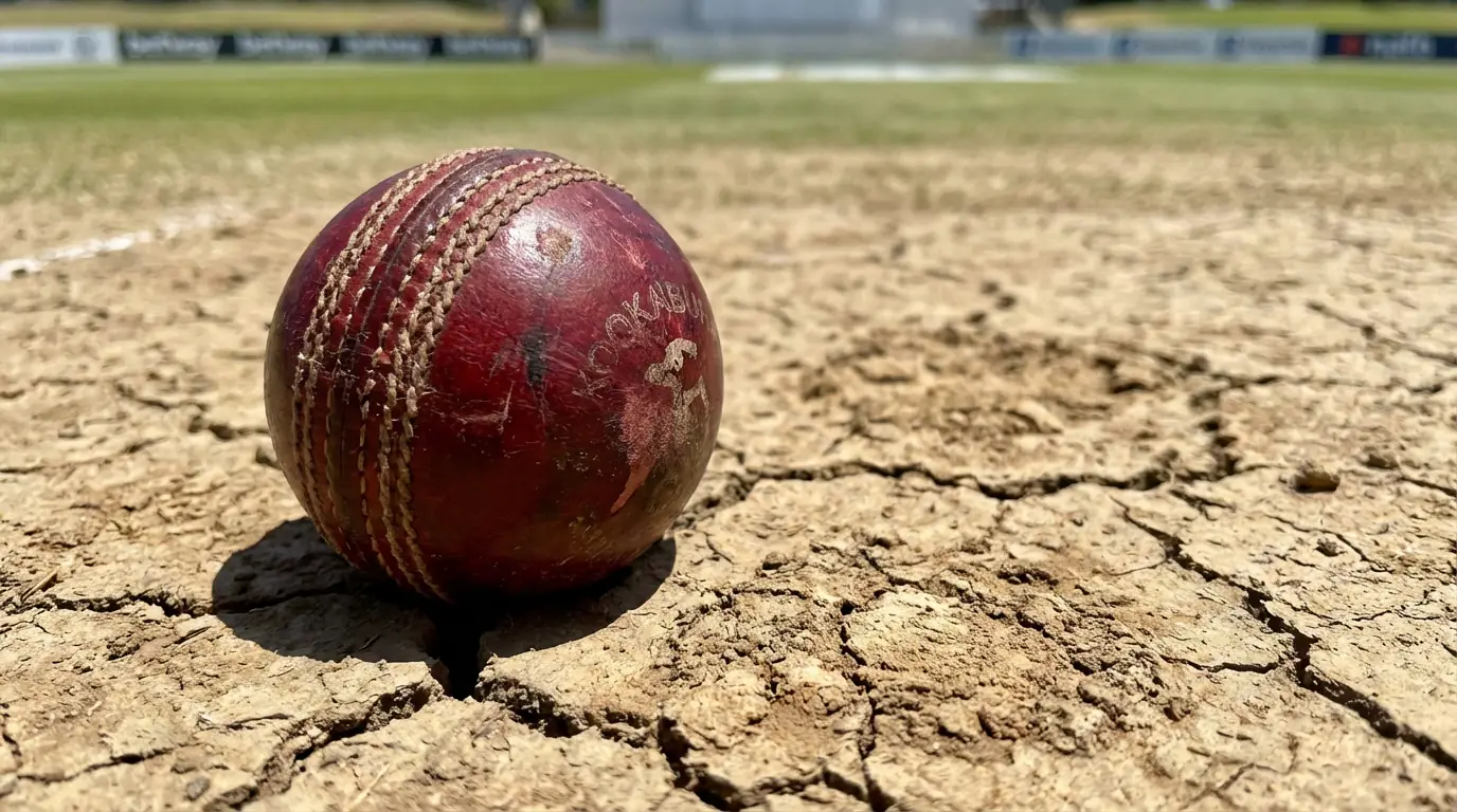 Red cricket ball resting on dry cracked pitch surface during a Test match on a sunny day